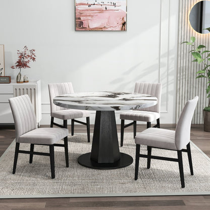 5-Piece Dining Set, Off-White Faux Marble Dining Table with Four Chairs, Tan