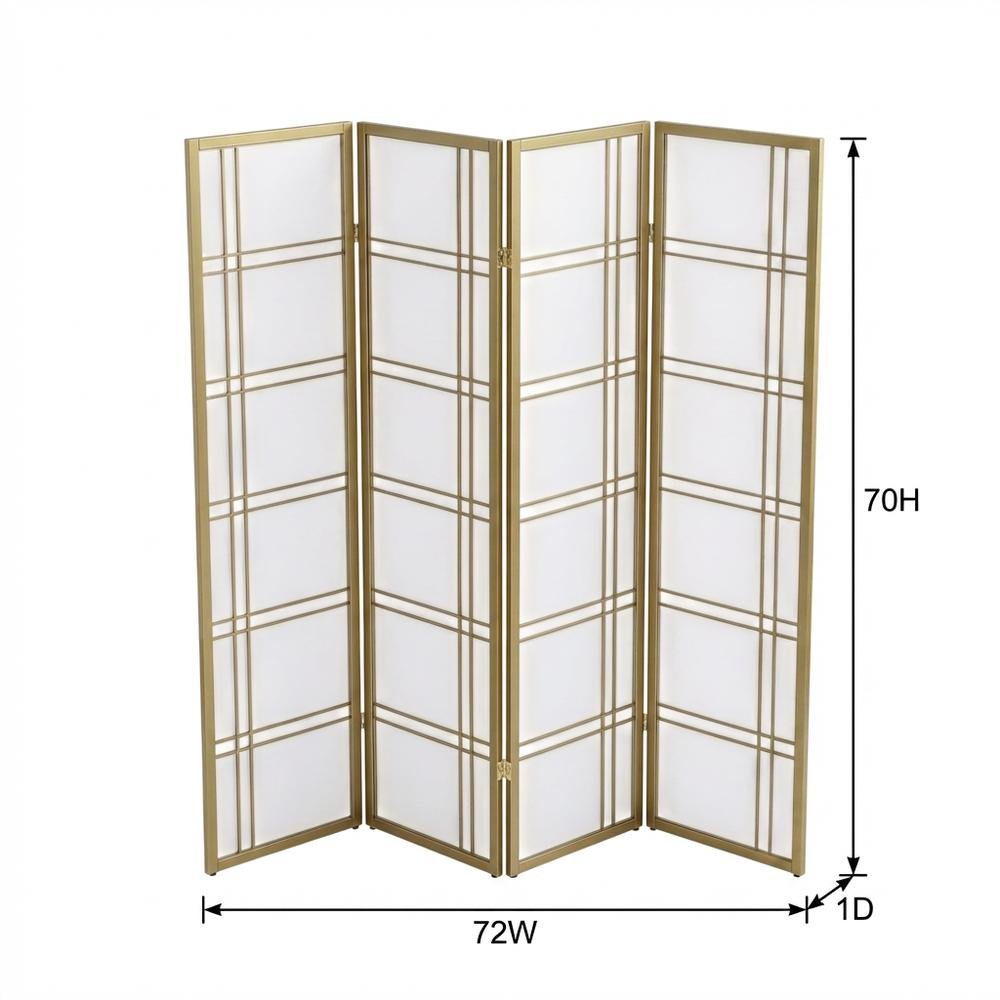 Gold 4-Panel Wood Folding Room Divider, Rice Paper, 70 Inch