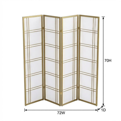 Gold 4-Panel Wood Folding Room Divider, Rice Paper, 70 Inch