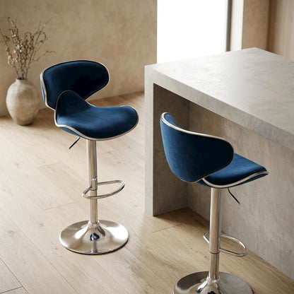 Blue Velvet Upholstered Adjustable Swivel Barstool, Set of 2 with Modern Design