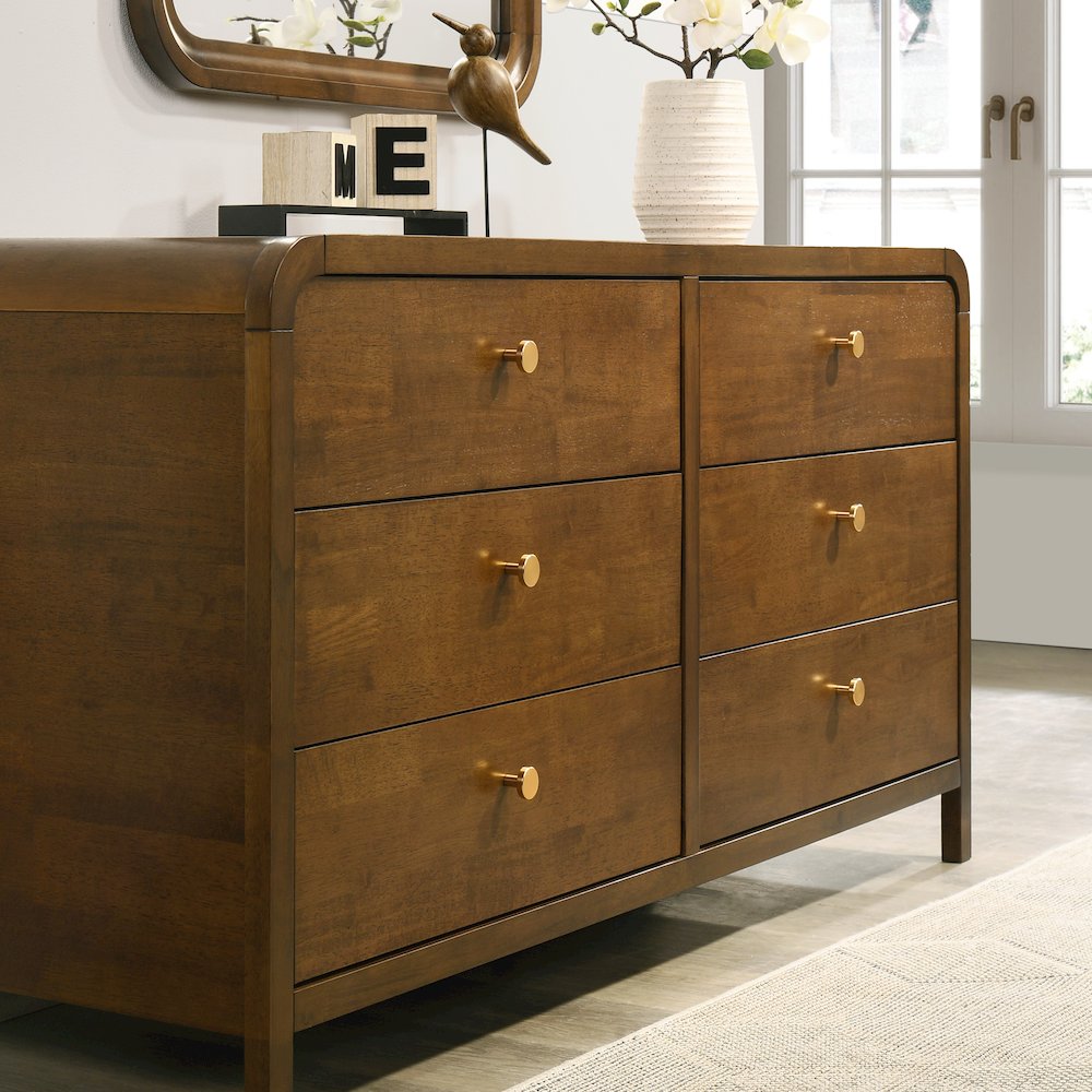Eldren 6-Drawer Wood Dresser with Mirror, Walnut Finish