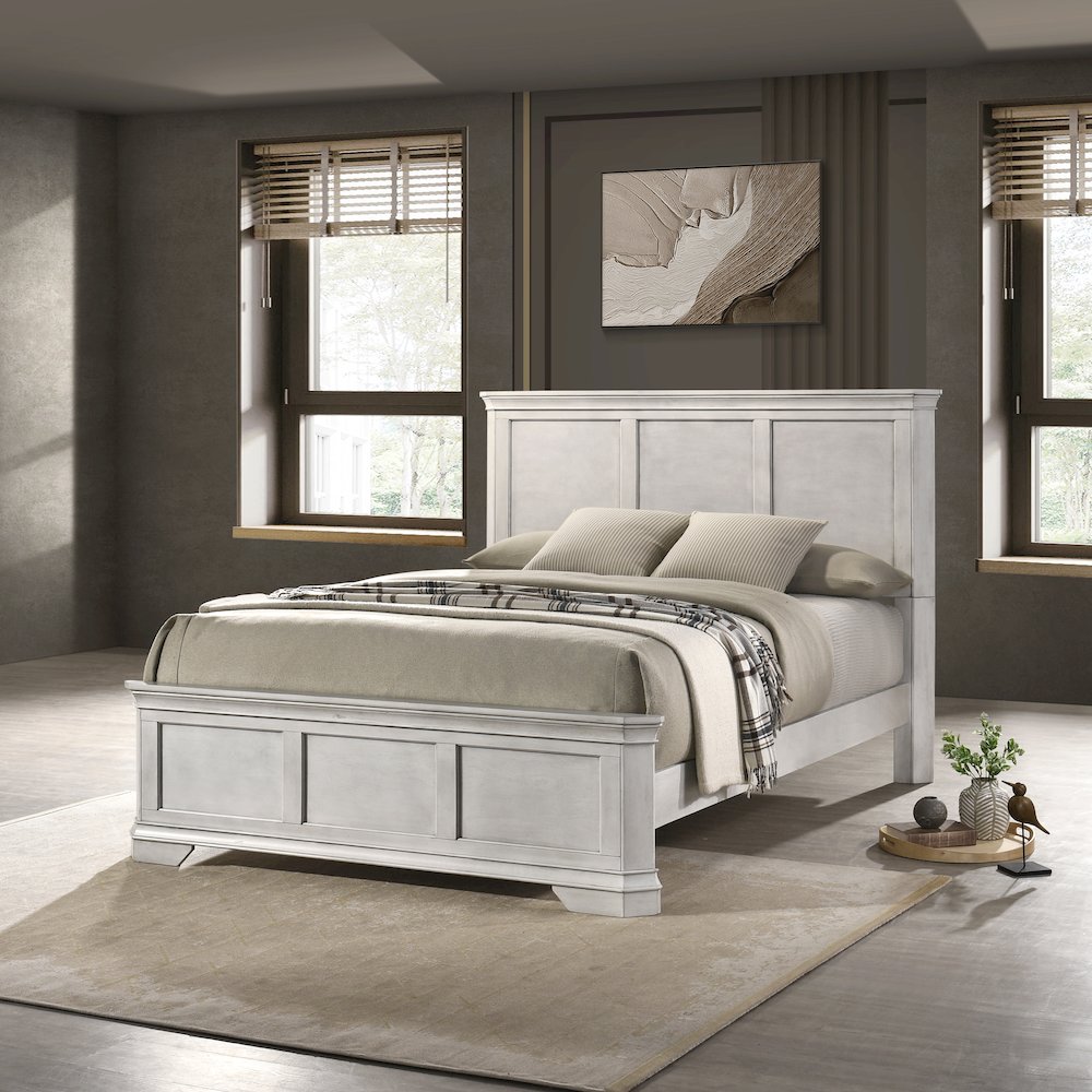 Maderne Wood Panel Bed with Dresser, Mirror, Two Nightstands, Queen
