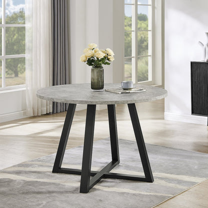 Endo Contemporary Round Dining Table, Trestle Base, Faux Concrete Gray