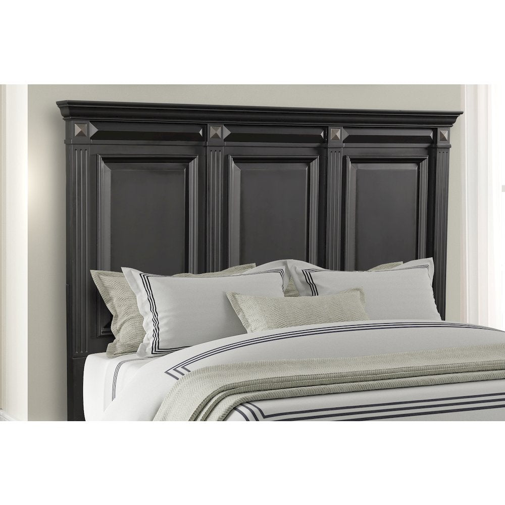Vintage Black Wood Bedroom Set, King Panel Bed, Dresser, Mirror, Nightstand