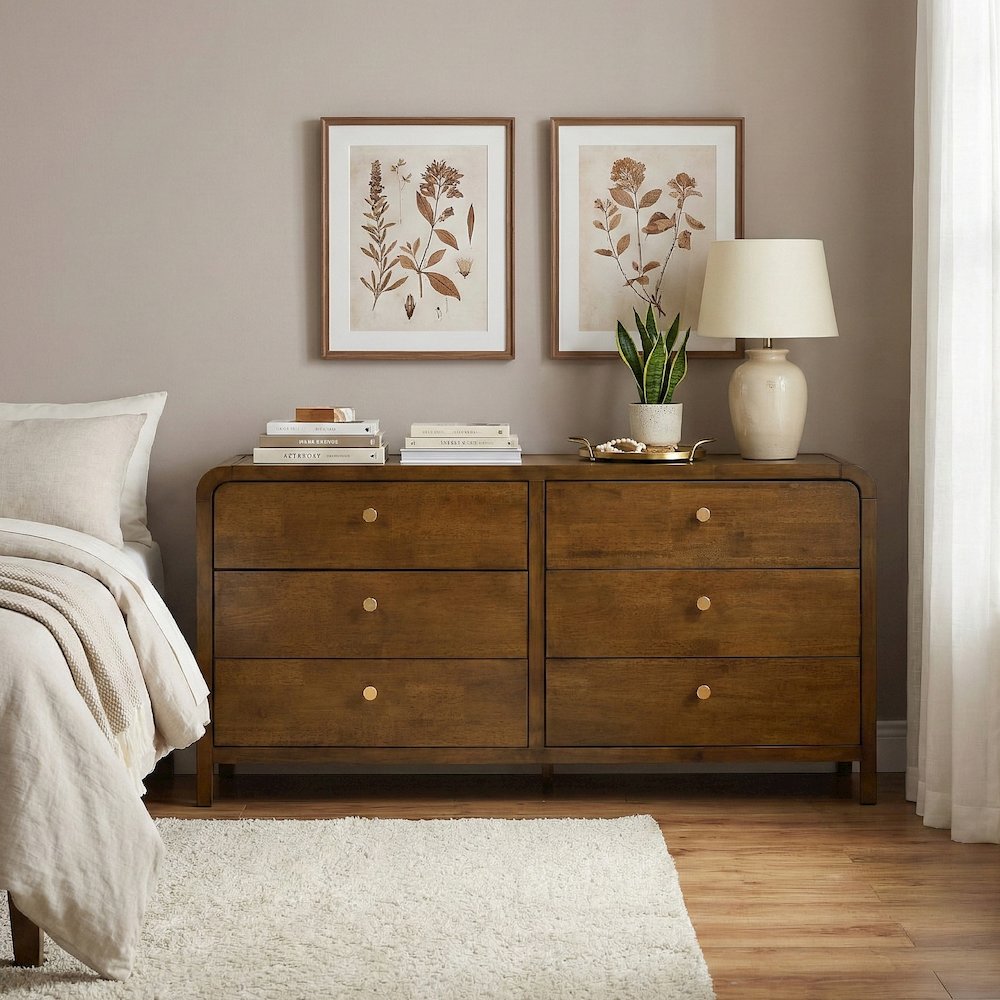 Eldren 6-Drawer Wood Dresser with Solid Rubberwood Frame, Walnut Finish