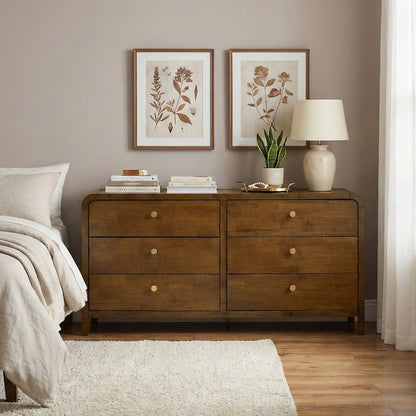Eldren 6-Drawer Wood Dresser with Solid Rubberwood Frame, Walnut Finish