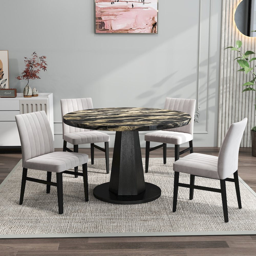 5-Piece Dining Set, Black and Gold Faux Marble Dining Table Four Chairs, Tan