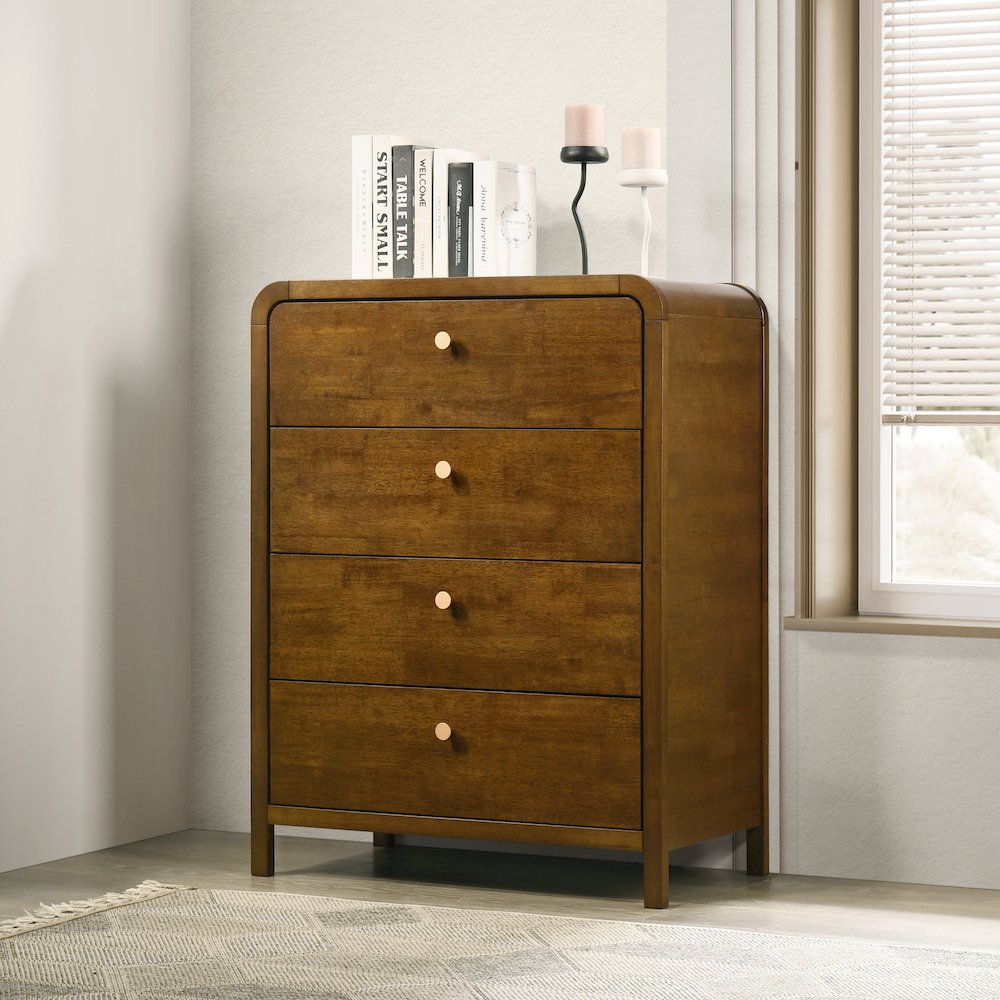 Eldren 4-Drawer Wood Chest with Solid Rubberwood Frame, Walnut Finish
