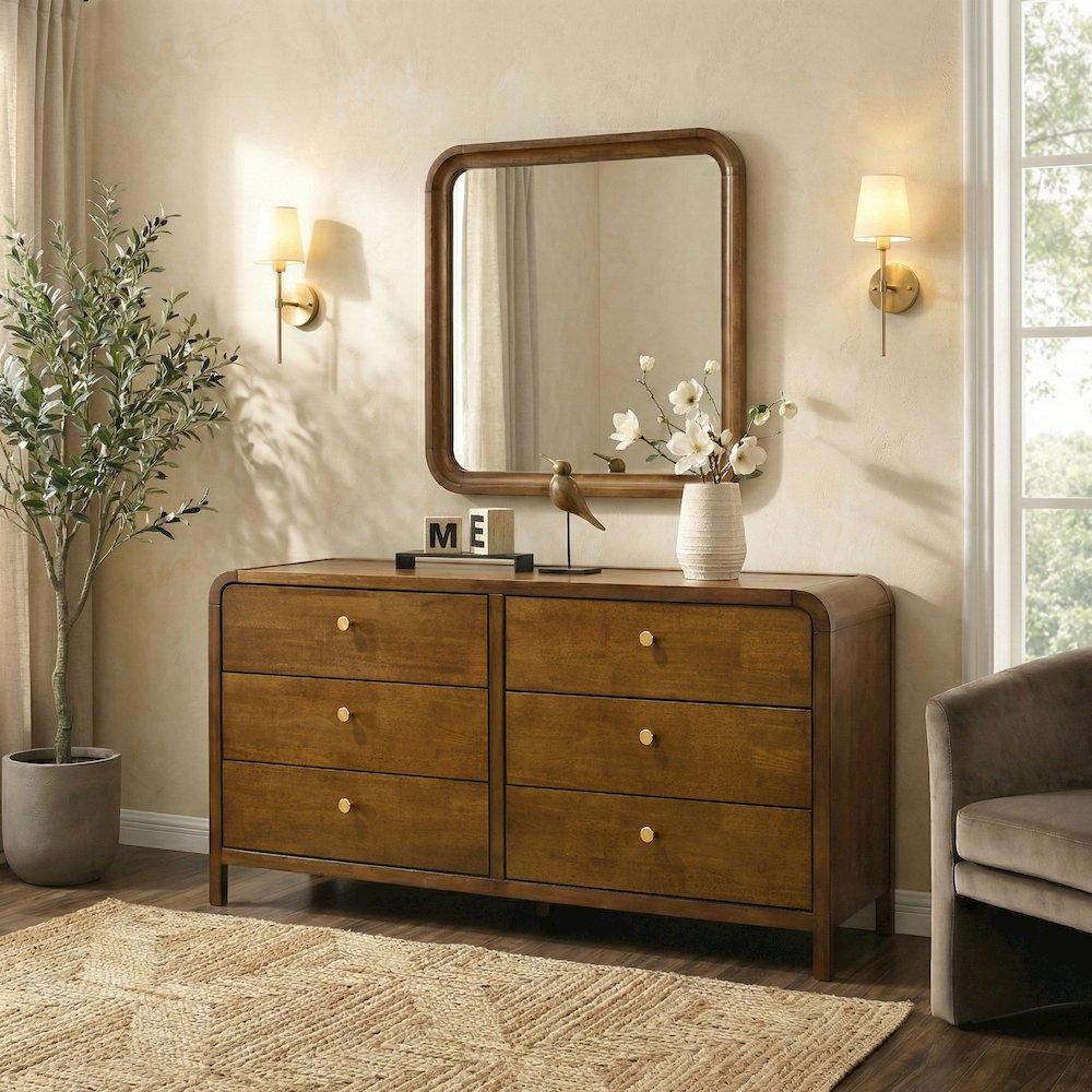 Eldren 6-Drawer Wood Dresser with Mirror, Walnut Finish