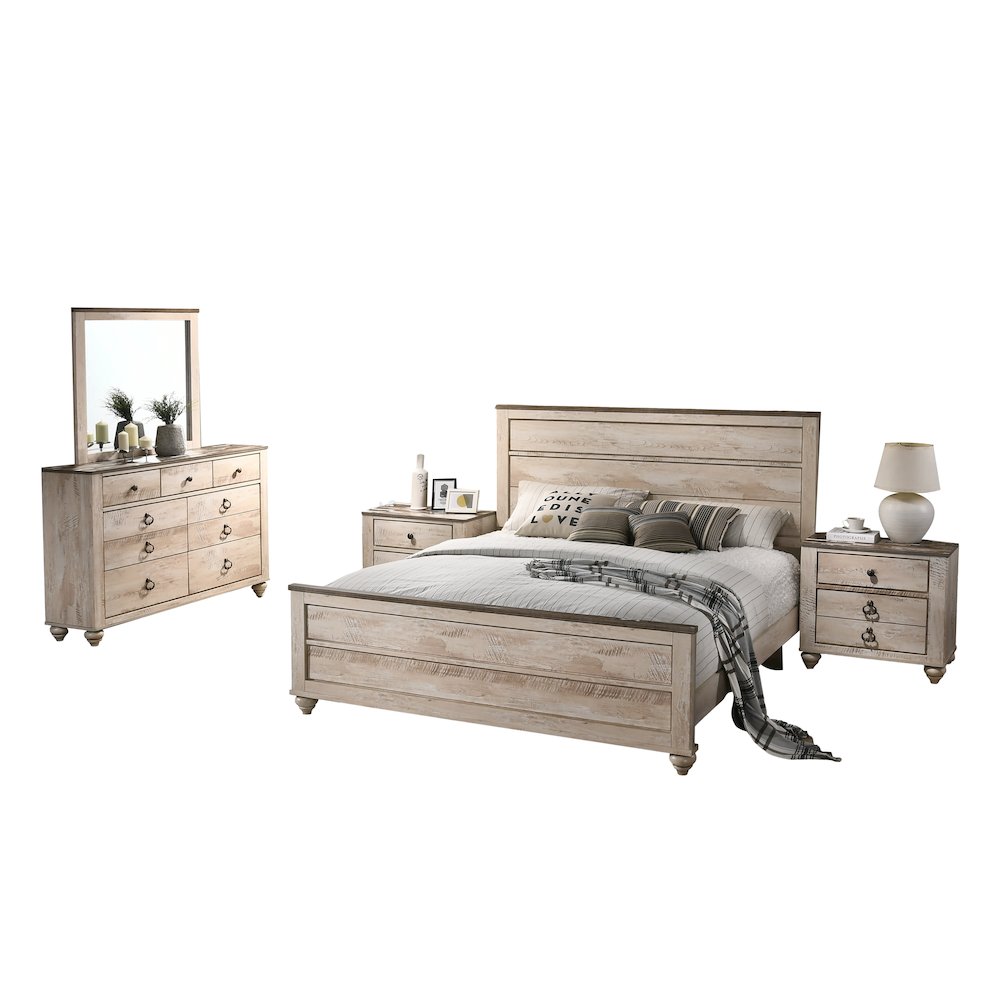 White Wash Finish 5-Piece Bedroom Set-King Bed, Dresser, Mirror, 2 Nightstands
