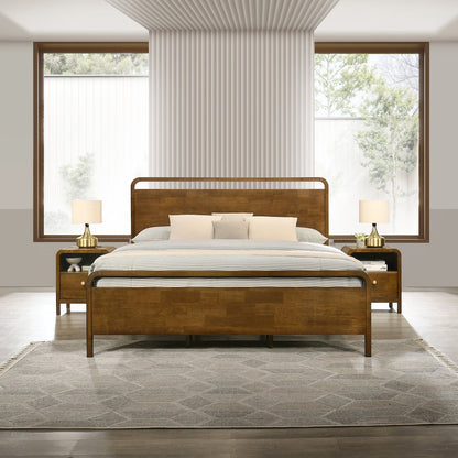 Eldren Wood Bedroom Set, King Platform Bed with Two Nightstands in Walnut Finish