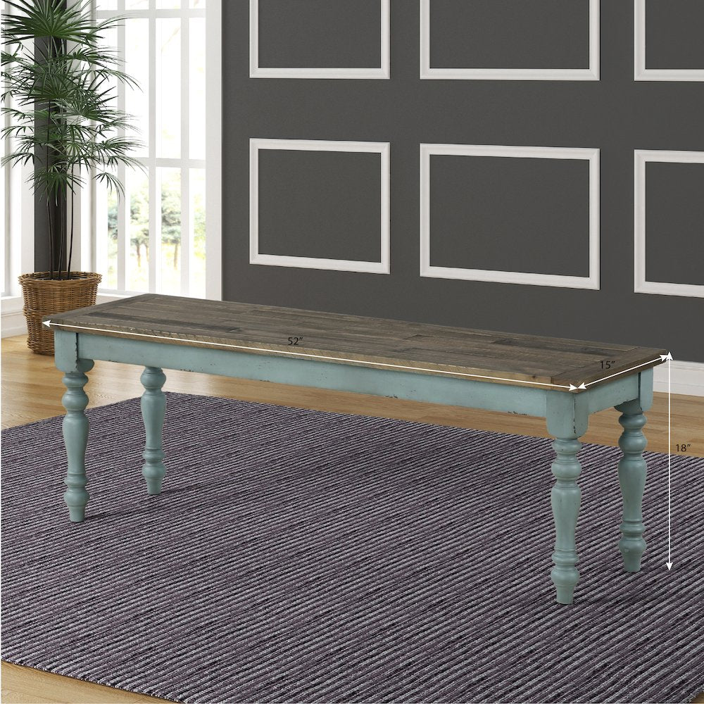 Prato Two-Tone Wood Dining Bench, Antique Blue and Distressed Oak