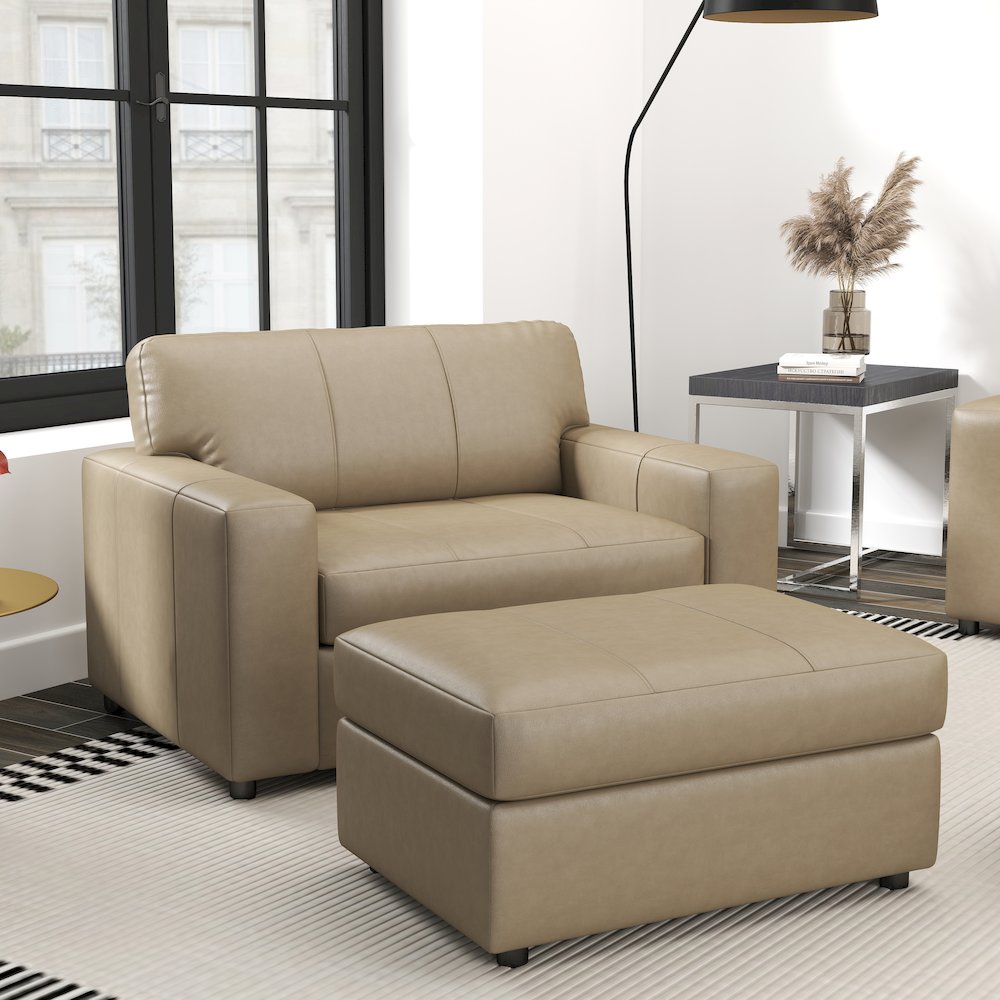 Sakan Leather 4-Pc Living Room Set, Sofa Loveseat, Chair and Ottoman, Beige