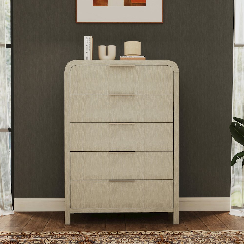 Tavari Contemporary 5-Drawer Wood Chest, Light Gray