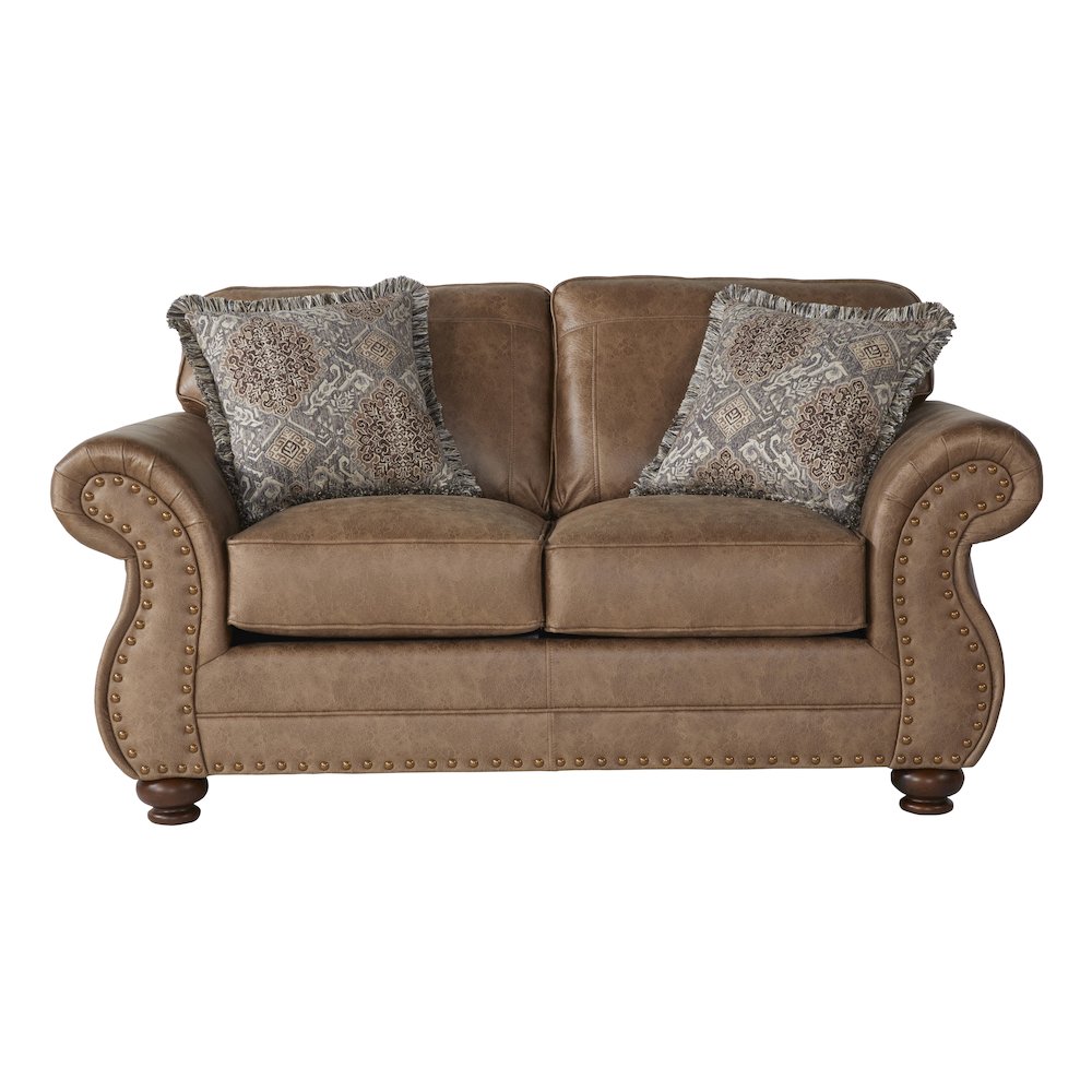 Leinster Faux Leather Sofa and Loveseat with Antique Bronze Nailheads