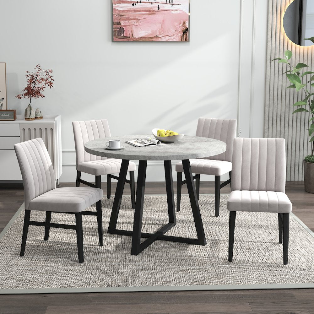 Edo 5-Piece Dining Set, Round Trestle Table and 4 Chairs, Gray and Tan
