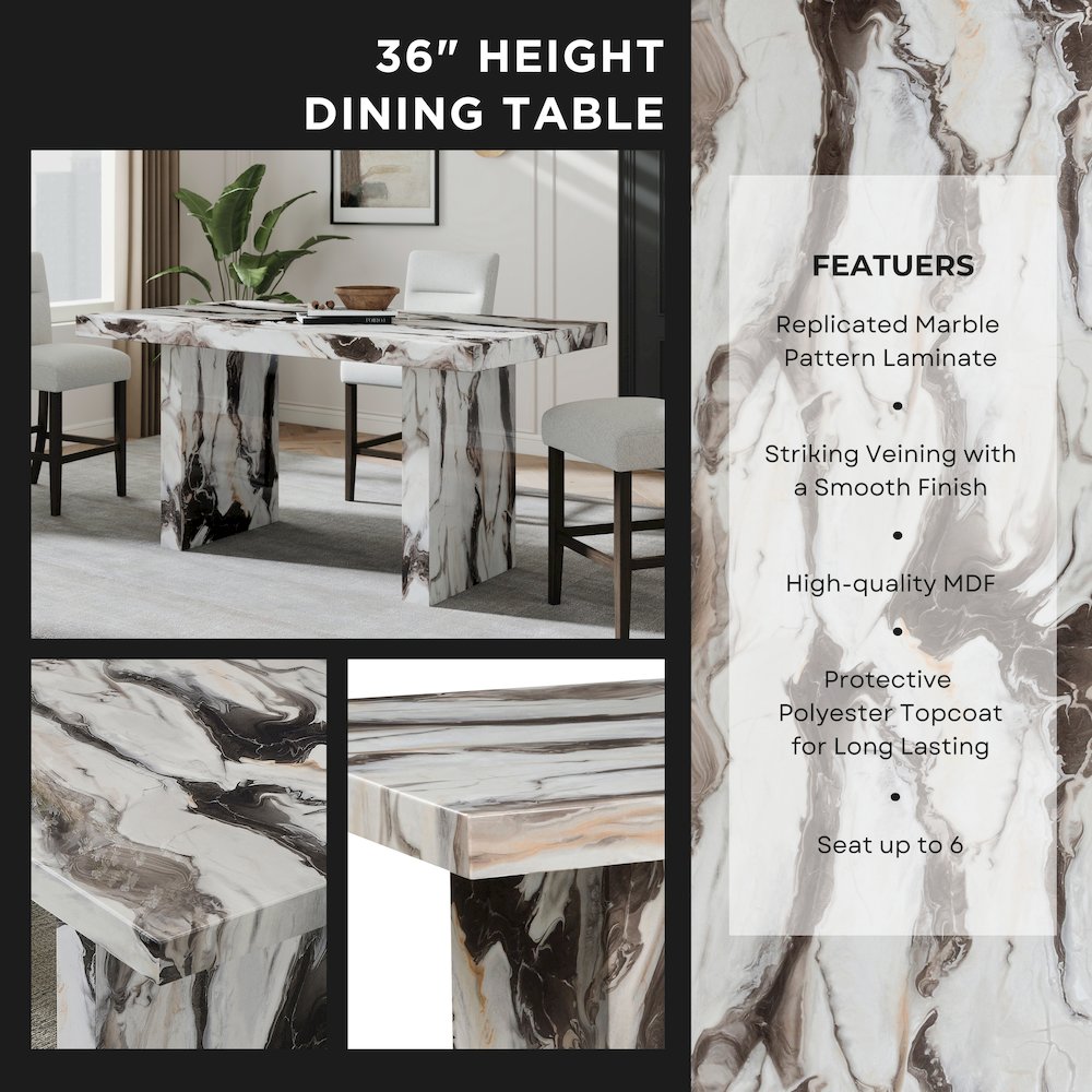 Cavira 5-Piece Modern Faux Marble Dining Set, Counter Height Table with 4 Chairs