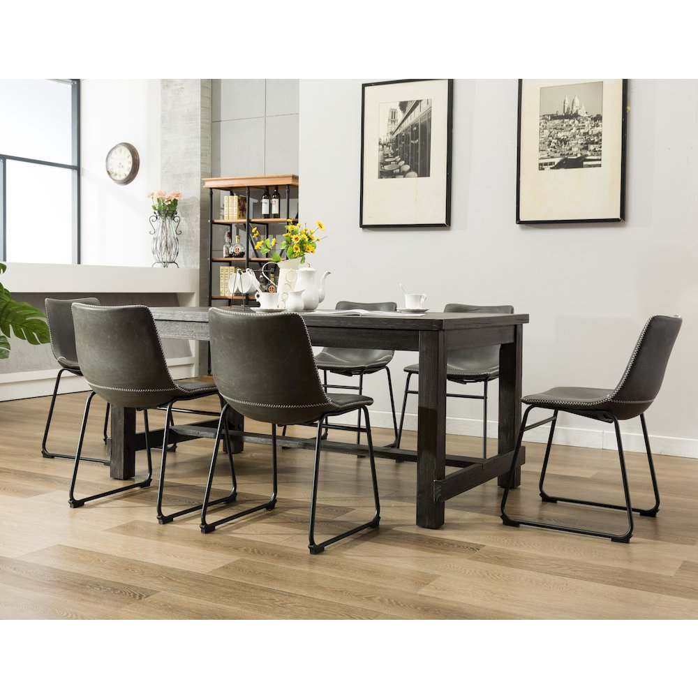 7-Piece Antique Black Finish Wood Dining Table, 6 Gray Faux Leather Chairs Set