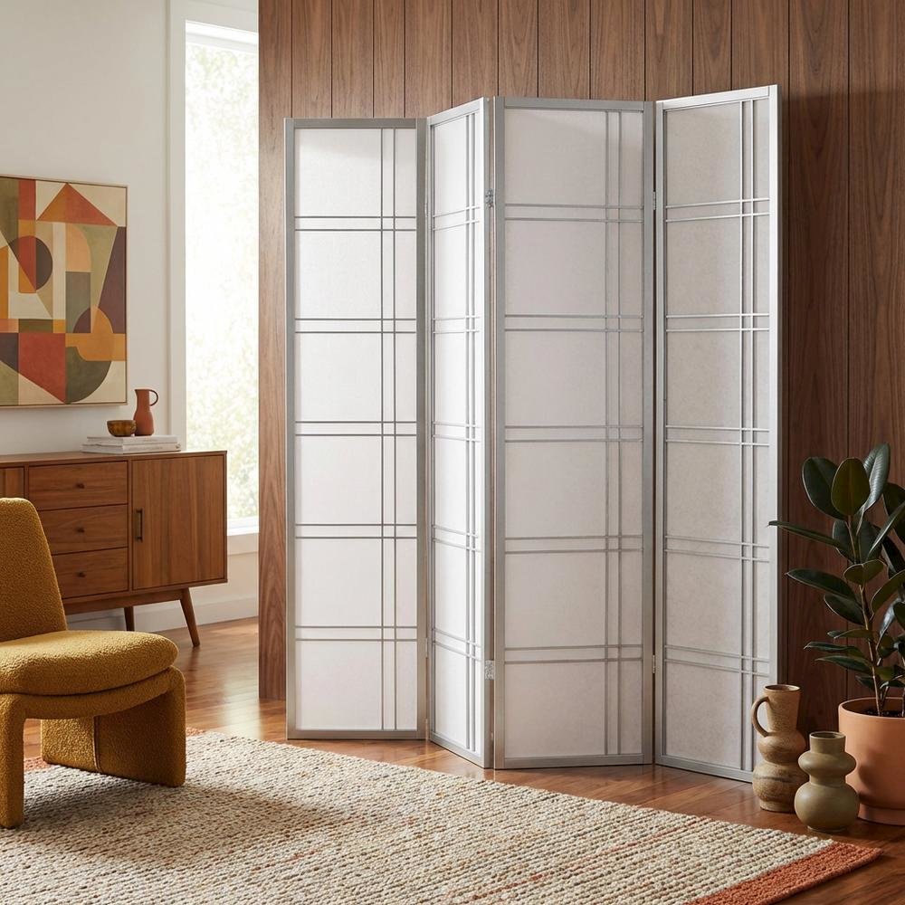 Silver 4-Panel Wood Folding Room Divider, Rice Paper, 70 Inch