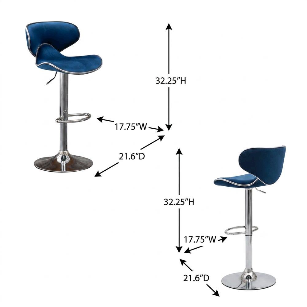 Blue Velvet Upholstered Adjustable Swivel Barstool, Set of 2 with Modern Design