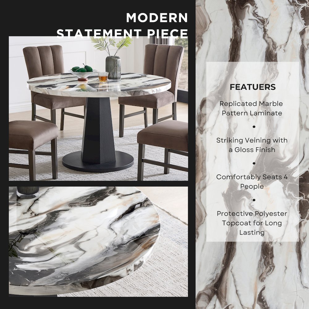 Cavira 5-PC Dining Set, Off-White Faux Marble Table with Four Brown Chairs