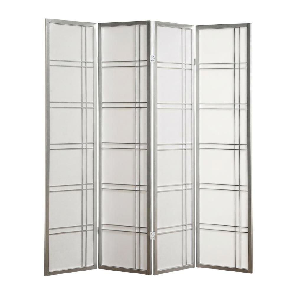 Silver 4-Panel Wood Folding Room Divider, Rice Paper, 70 Inch
