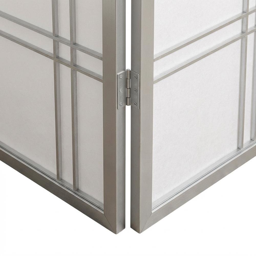 Silver 4-Panel Wood Folding Room Divider, Rice Paper, 70 Inch
