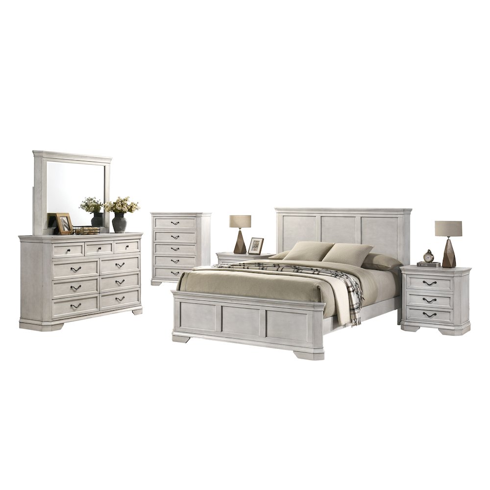 Maderne Wood Panel Bed with Dresser, Mirror, Two Nightstands, Chest, Queen