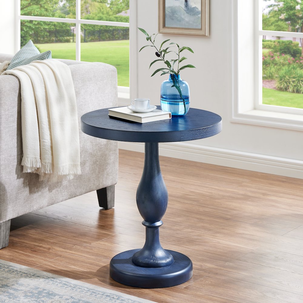 Solmere 22" Round Wood Pedestal End Table, Blue