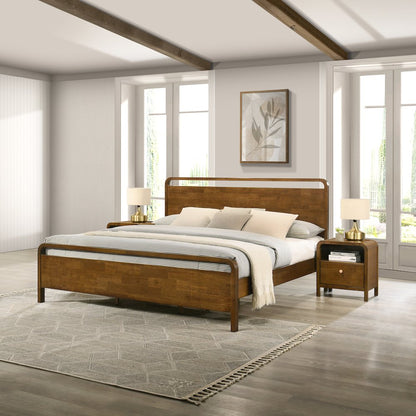 Eldren Wood Bedroom Set, King Platform Bed with Two Nightstands in Walnut Finish