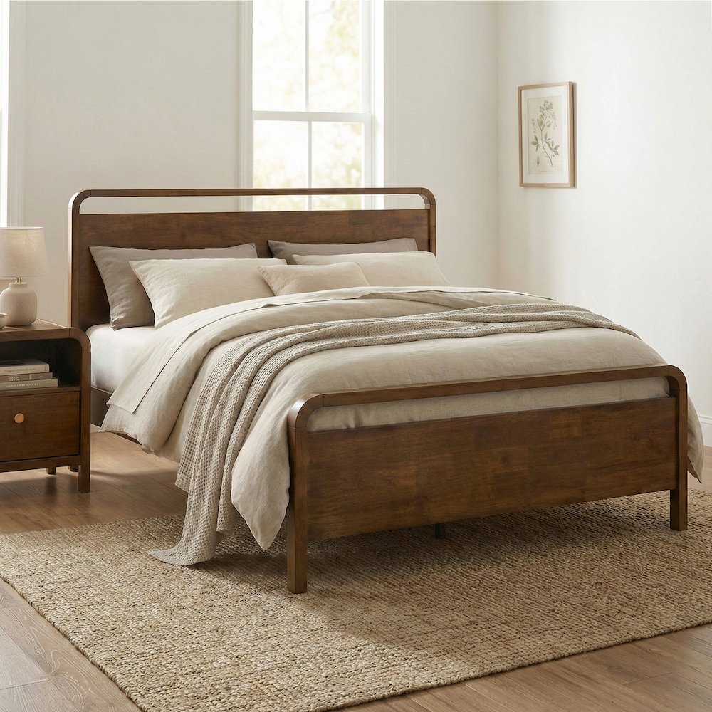 Eldren Wood Bedroom Set, King Platform Bed with Two Nightstands in Walnut Finish