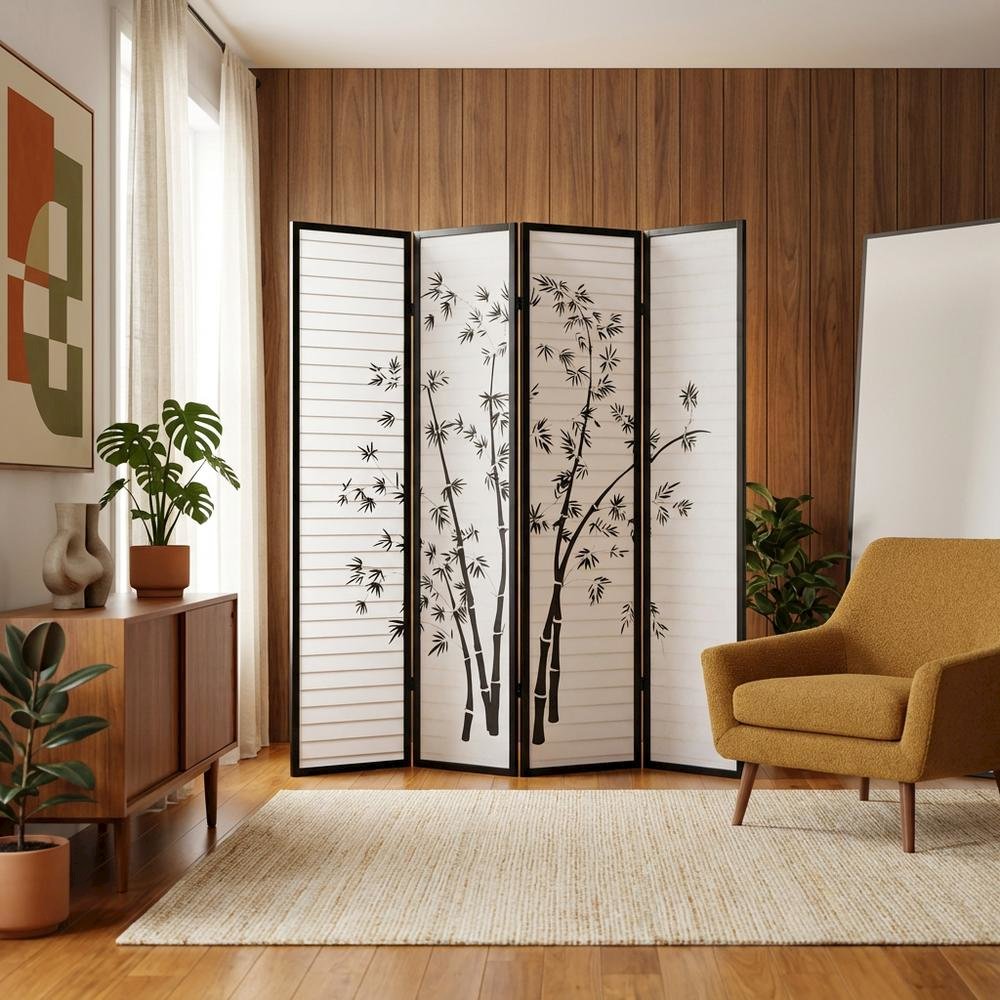 Black 4-Panel Wood Folding Room Divider, Bamboo Print Rice Paper, 71 Inch