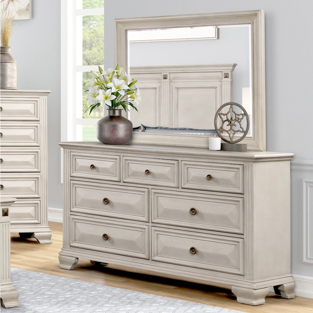 Parchment Wood Bedroom Set, Queen Bed, Dresser, Mirror, 2 Nightstands, Chest