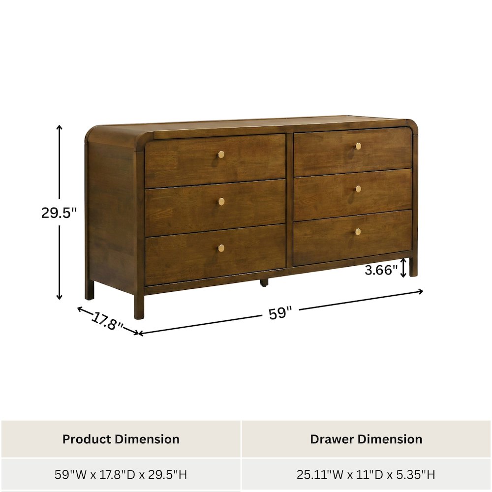 Eldren 6-Drawer Wood Dresser with Solid Rubberwood Frame, Walnut Finish