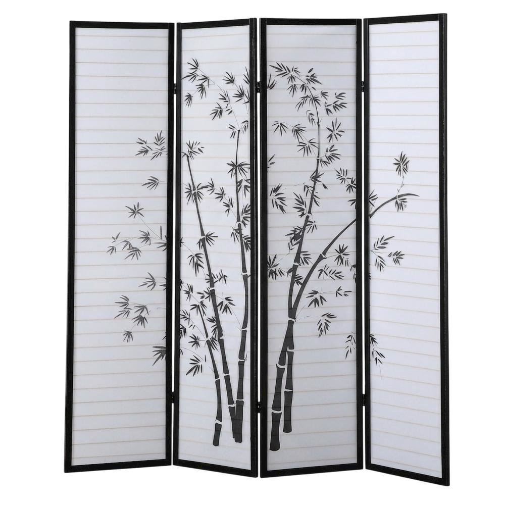 Black 4-Panel Wood Folding Room Divider, Bamboo Print Rice Paper, 71 Inch