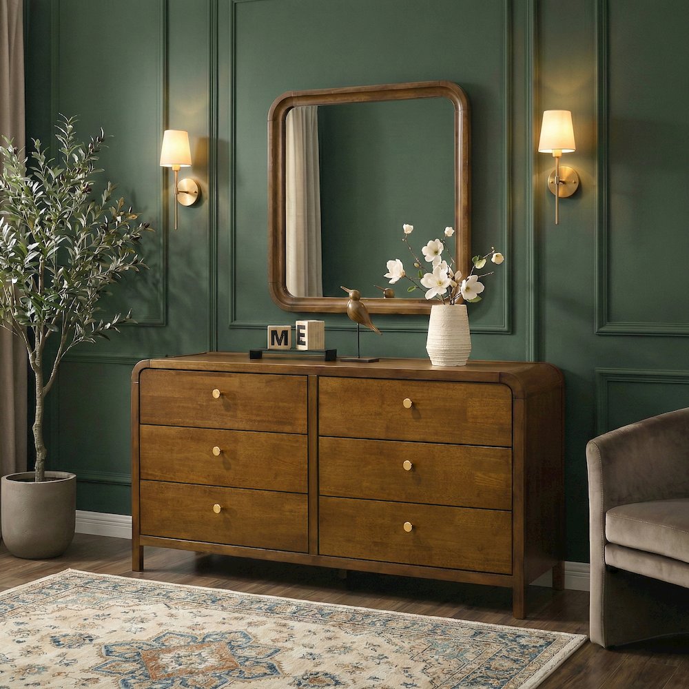 Eldren 6-Drawer Wood Dresser with Mirror, Walnut Finish
