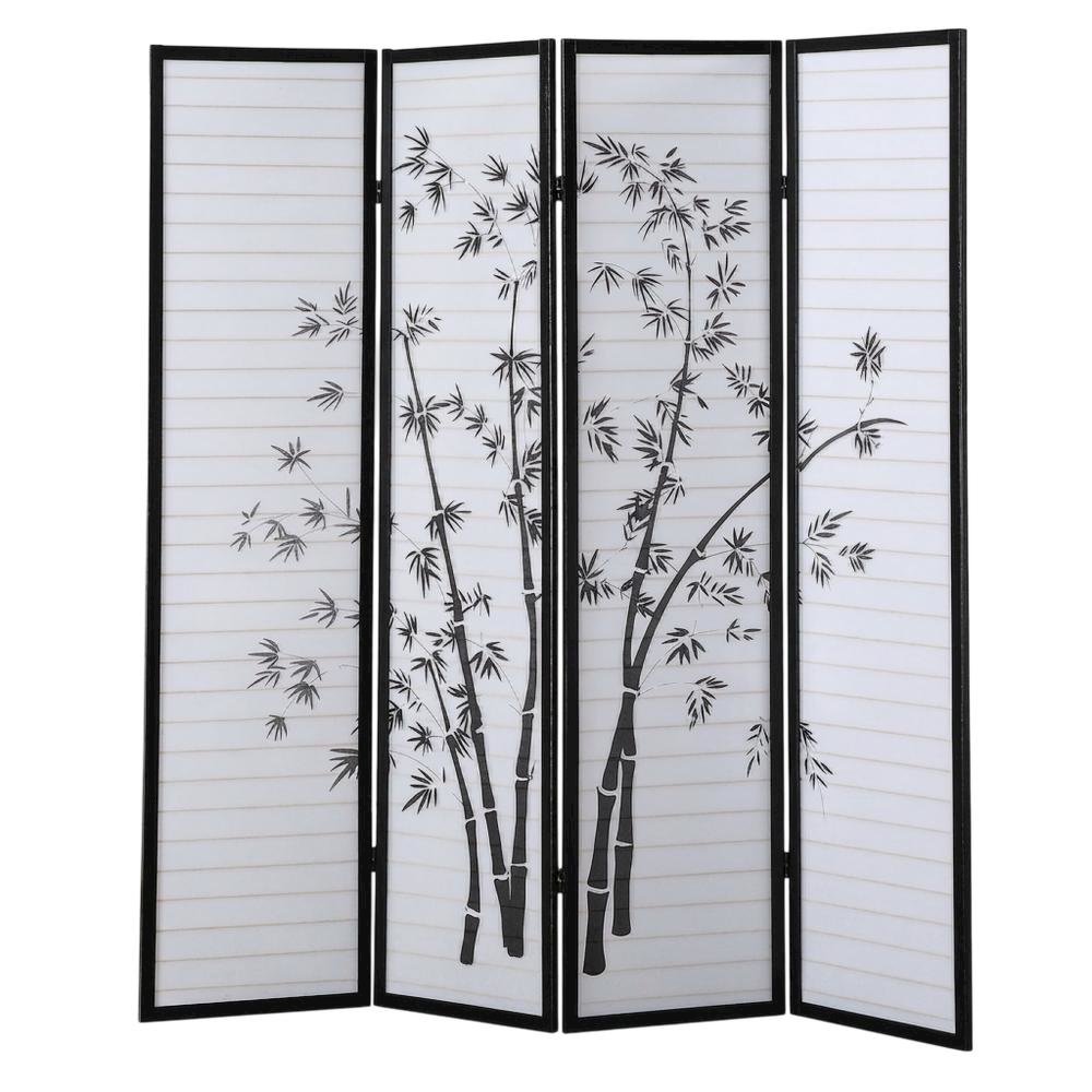 Black 4-Panel Wood Folding Room Divider, Bamboo Print Rice Paper, 71 Inch