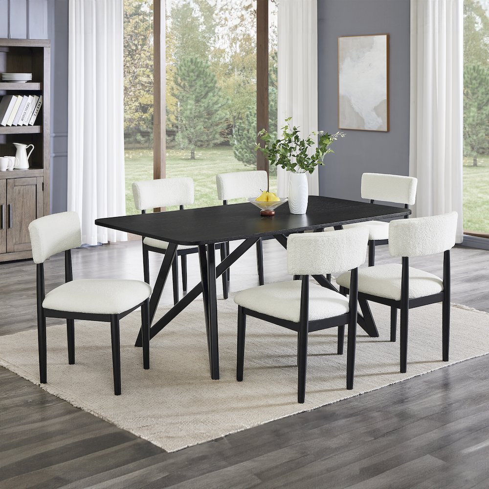Axler 7-Piece Dining Set, Tripod-Cross Dining Table with 6 Boucle Chairs, Black