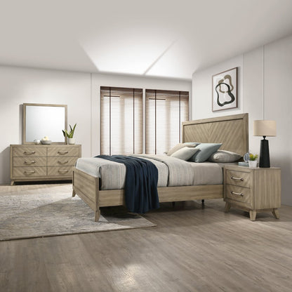 Wood Bedroom Set: Panel Bed, Dresser, Mirror, Nightstand,Chest in Weathered Sand