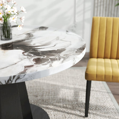 5-Piece Dining Set, Off-White Faux Marble Dining Table with Four Chairs, Yellow