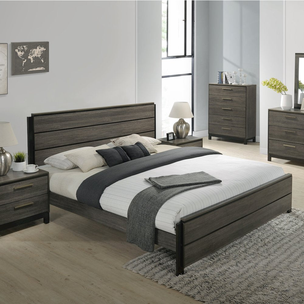 Antique Grey Finish Wood Bed Room Set, Queen Bed, Dresser, Mirror, Night Stand