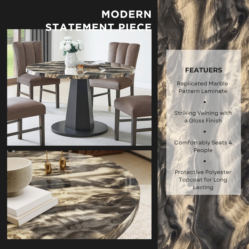 Cavira Modern Faux Marble Dining Table with Wood Pedestal Base, Black and Gold