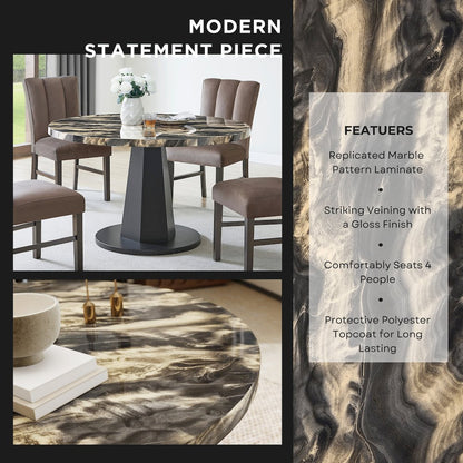 Cavira Modern Faux Marble Dining Table with Wood Pedestal Base, Black and Gold