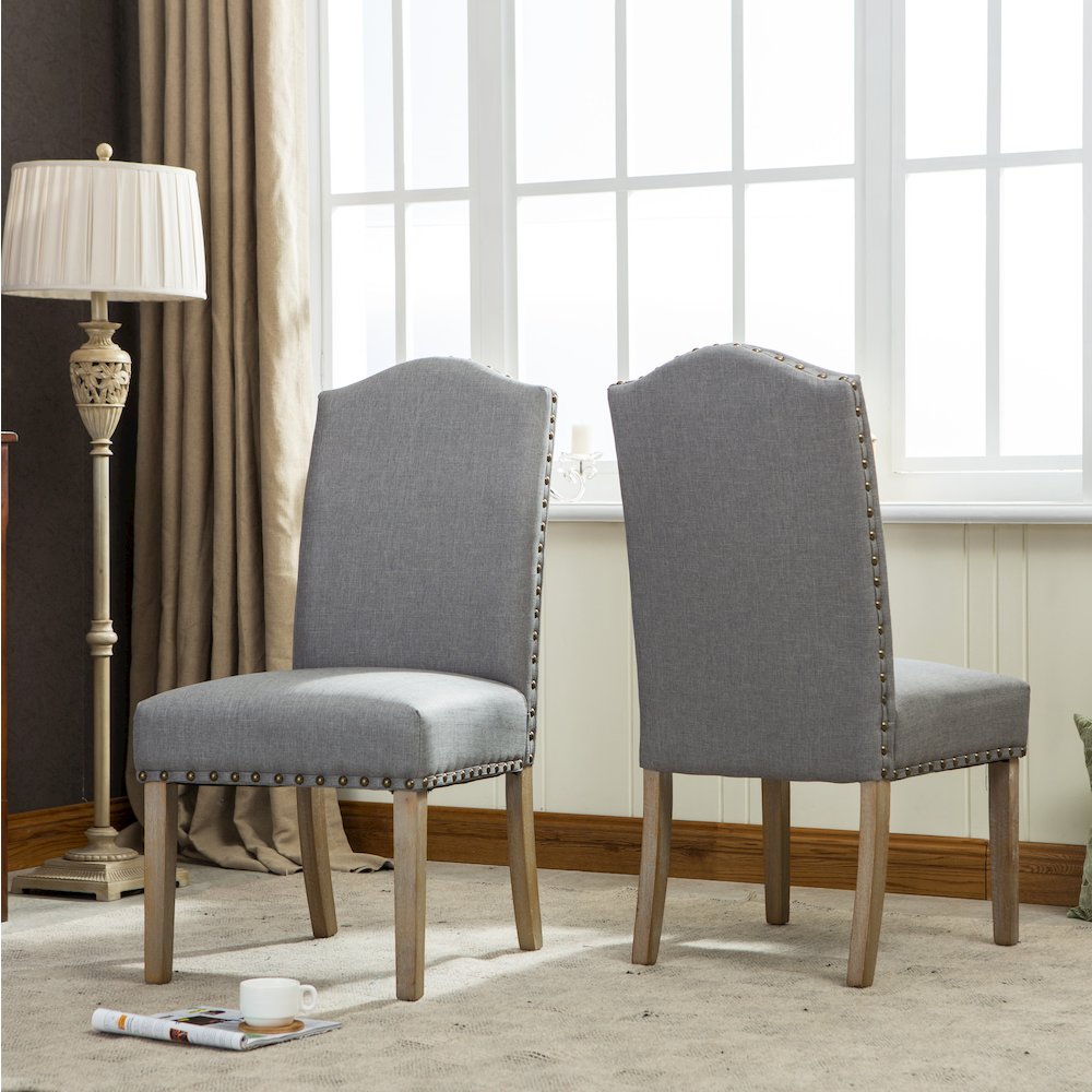 Mod Urban Style Solid Wood Nailhead Gray Fabric Padded Parson Chair, Set of 2