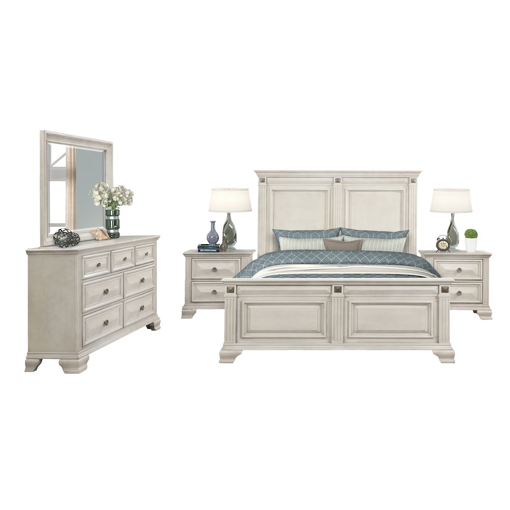 Distressed Parchment Wood Bedroom Set, Queen Bed, Dresser, Mirror,2 Nightstands