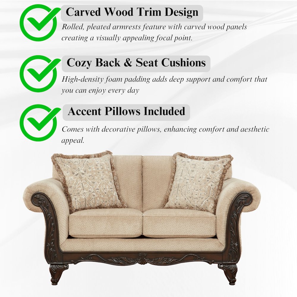 Hernen 2-Piece Living Room Set, Carved Wood Frame Sofa and Loveseat, Emma Wheat