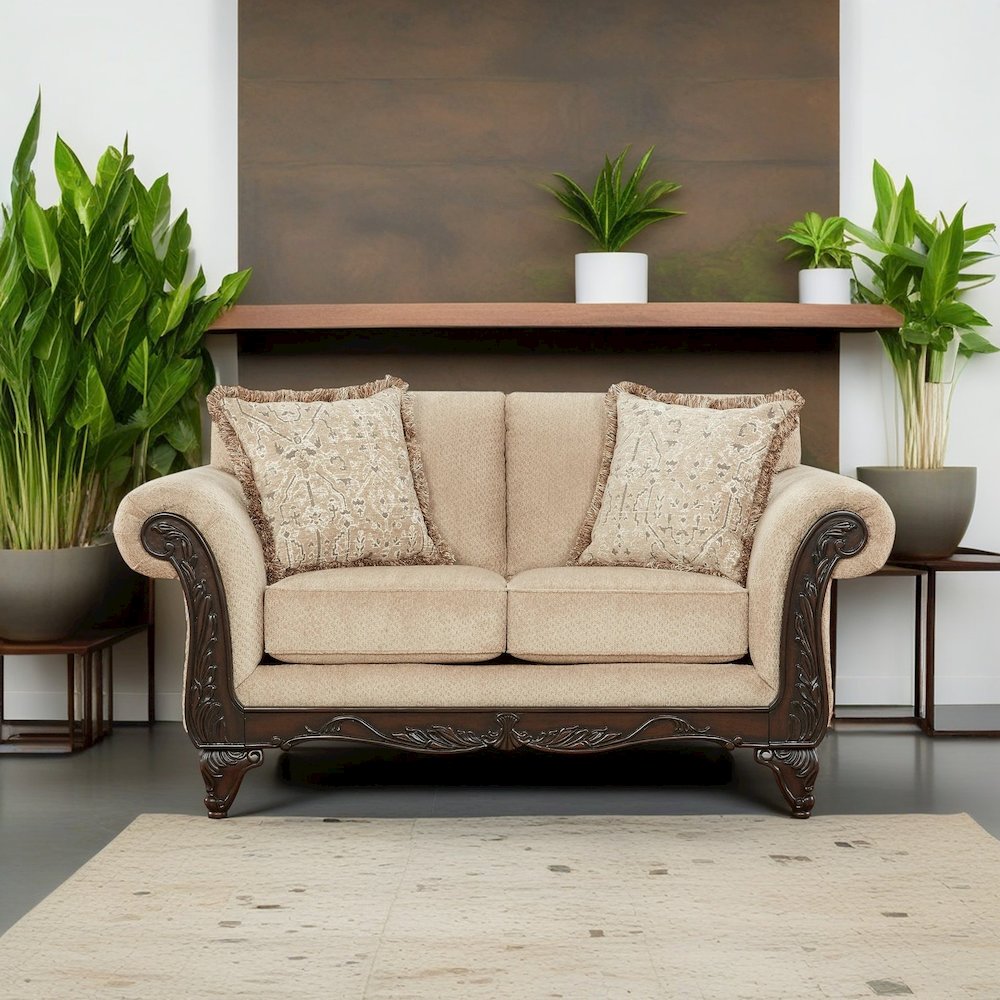 Hernen Carved Wood Frame Loveseat, Emma Wheat