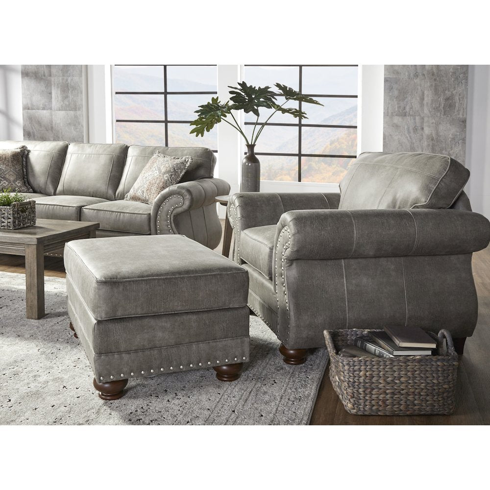 Leinster Faux Leather Upholstered Nailhead Chair and Ottoman in Stone Gray