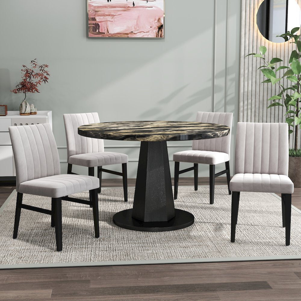 5-Piece Dining Set, Black and Gold Faux Marble Dining Table Four Chairs, Tan