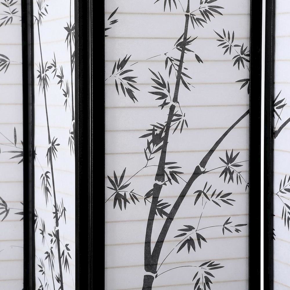 Black 4-Panel Wood Folding Room Divider, Bamboo Print Rice Paper, 71 Inch